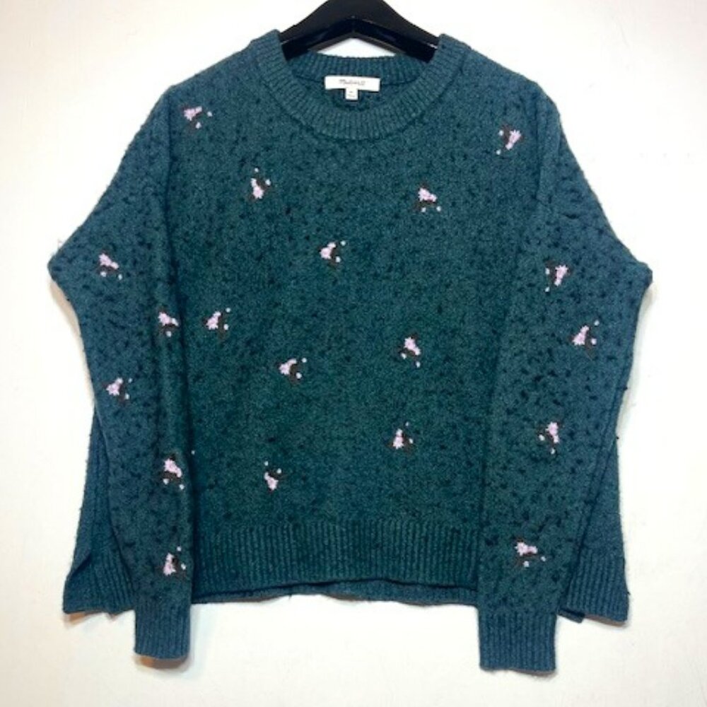 Madewell‎ Floral Embroidered Dark Green Crewneck Pullover Sweater Sz XS